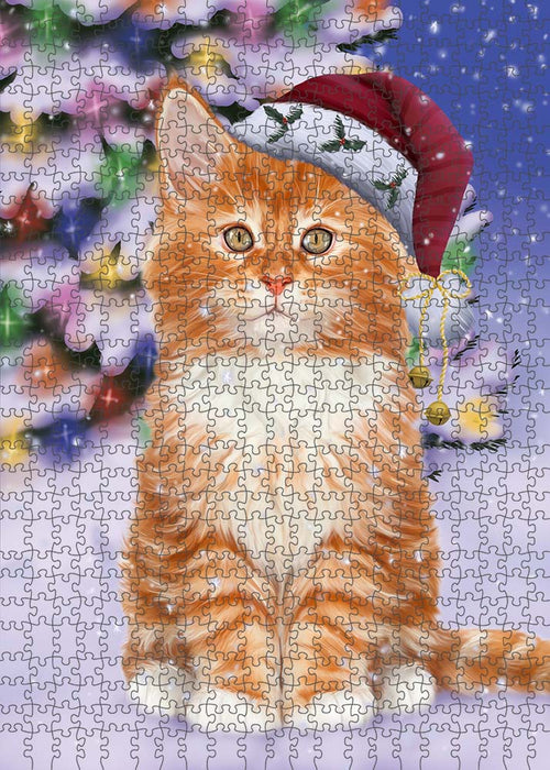 Winterland Wonderland Tabby Cat In Christmas Holiday Scenic Background Puzzle with Photo Tin PUZL91144