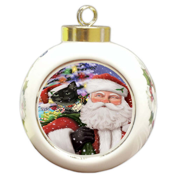 Santa Carrying Tabby Cat and Christmas Presents Round Ball Christmas Ornament RBPOR55893