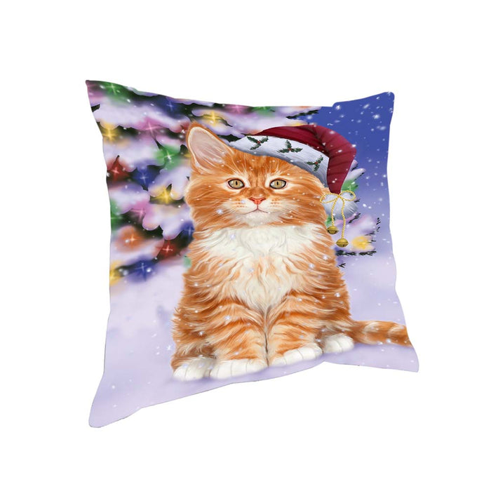 Winterland Wonderland Tabby Cat In Christmas Holiday Scenic Background Pillow PIL71868