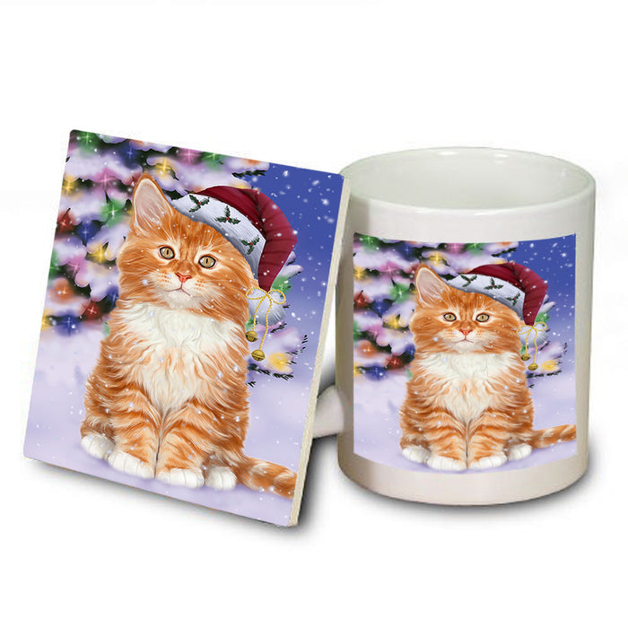 Winterland Wonderland Tabby Cat In Christmas Holiday Scenic Background Mug and Coaster Set MUC55727