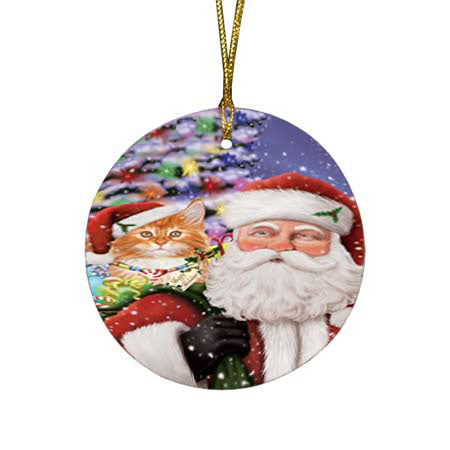 Santa Carrying Tabby Cat and Christmas Presents Round Flat Christmas Ornament RFPOR55894