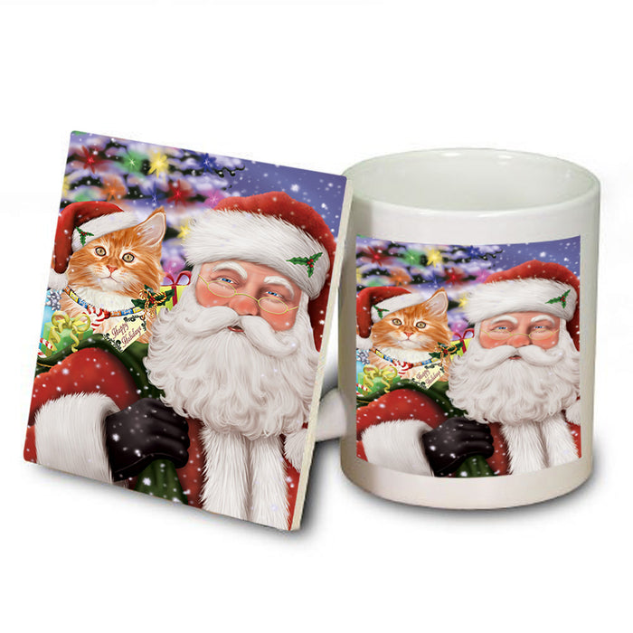 Santa Carrying Tabby Cat and Christmas Presents Mug and Coaster Set MUC55530