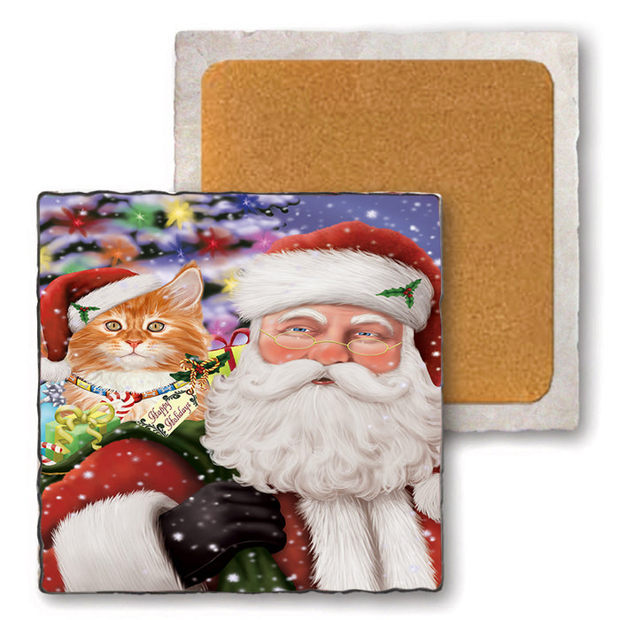 Santa Carrying Tabby Cat and Christmas Presents Set of 4 Natural Stone Marble Tile Coasters MCST50538