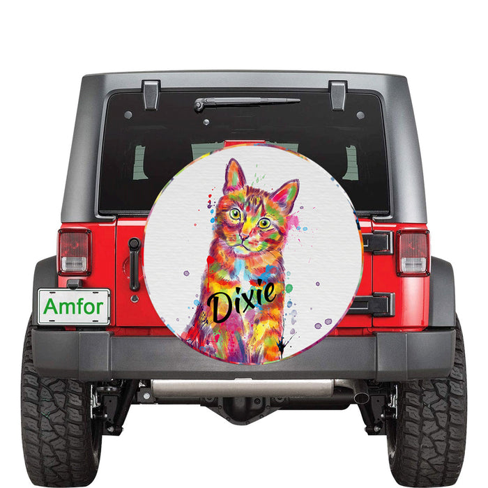 Custom Pet Name Personalized Watercolor Tabby Orange Cat Car Tire Cover