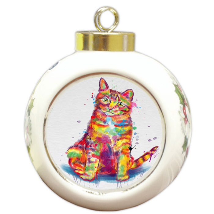 Watercolor Tabby Orange Cat Round Ball Christmas Ornament RBPOR58498