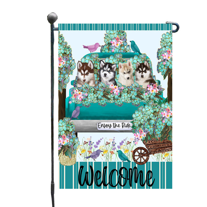 Teal Truck Striped Floral Siberian Husky Dogs Garden Flags - Outdoor Double Sided Garden Yard Porch Lawn Spring Decorative Vertical Home Flags 12 1/2"w x 18"h