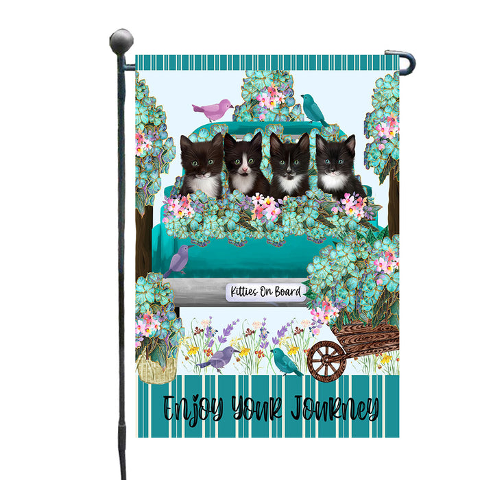 Teal Truck Striped Floral Tuxedo Cats Garden Flags- Outdoor Double Sided Garden Yard Porch Lawn Spring Decorative Vertical Home Flags 12 1/2"w x 18"h
