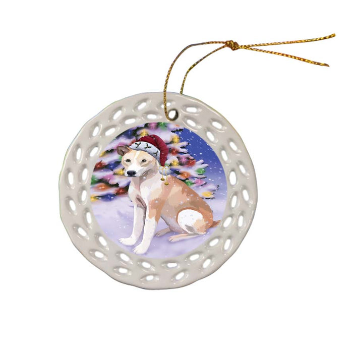 Winterland Wonderland Telomian Dog In Christmas Holiday Scenic Background Ceramic Doily Ornament DPOR56092