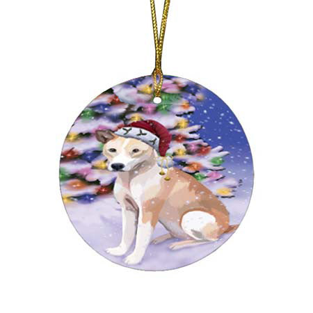 Winterland Wonderland Telomian Dog In Christmas Holiday Scenic Background Round Flat Christmas Ornament RFPOR56092