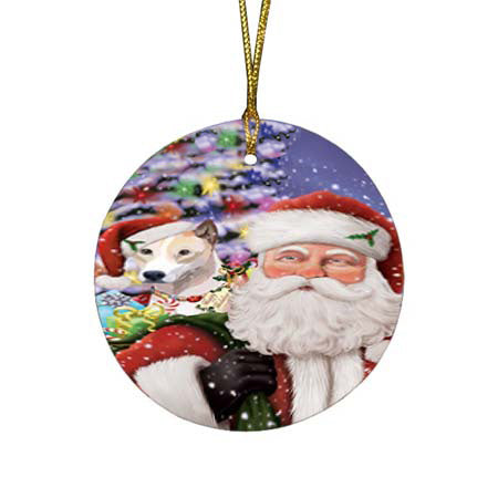 Santa Carrying Telomian Dog and Christmas Presents Round Flat Christmas Ornament RFPOR55895