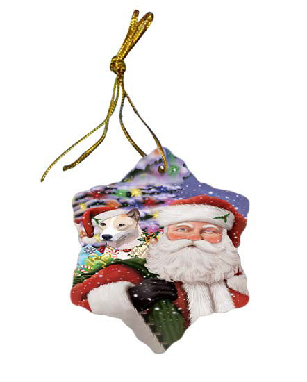 Santa Carrying Telomian Dog and Christmas Presents Star Porcelain Ornament SPOR55895