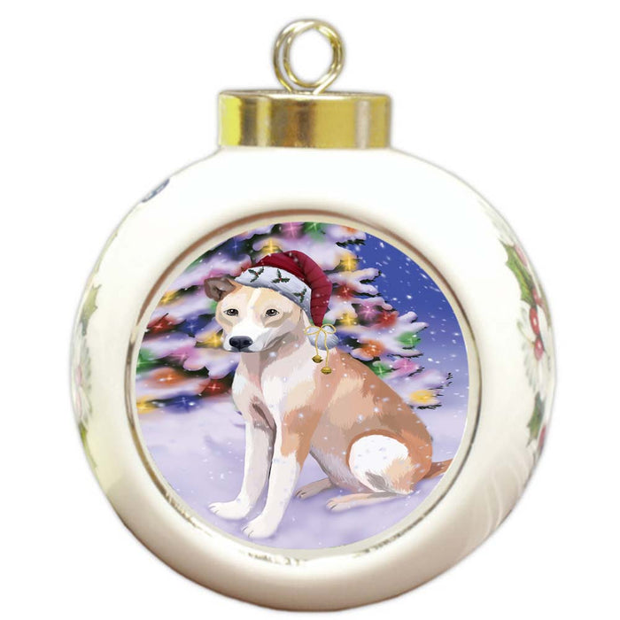 Winterland Wonderland Telomian Dog In Christmas Holiday Scenic Background Round Ball Christmas Ornament RBPOR56092