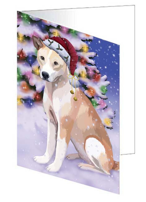 Winterland Wonderland Telomian Dog In Christmas Holiday Scenic Background Handmade Artwork Assorted Pets Greeting Cards and Note Cards with Envelopes for All Occasions and Holiday Seasons GCD71723