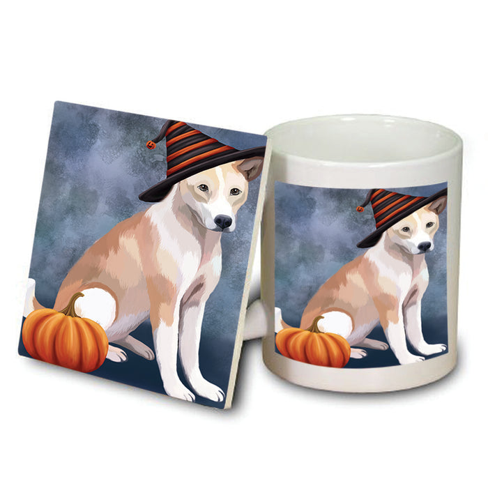 Happy Halloween Telomian Dog Wearing Witch Hat with Pumpkin Mug and Coaster Set MUC54814