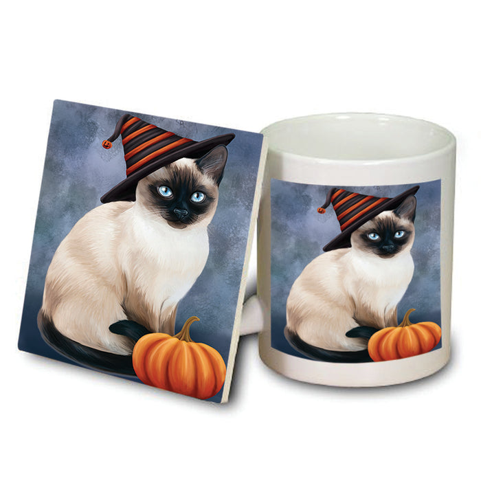 Happy Halloween Thai Cat Wearing Witch Hat with Pumpkin Mug and Coaster Set MUC54815