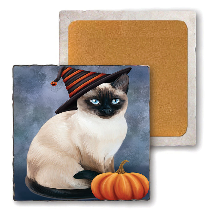 Happy Halloween Thai Cat Wearing Witch Hat with Pumpkin Set of 4 Natural Stone Marble Tile Coasters MCST49823