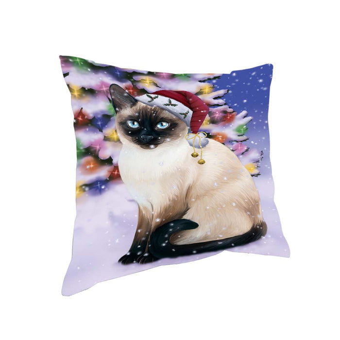 Winterland Wonderland Thai Siamese Cat In Christmas Holiday Scenic Background Pillow PIL71876