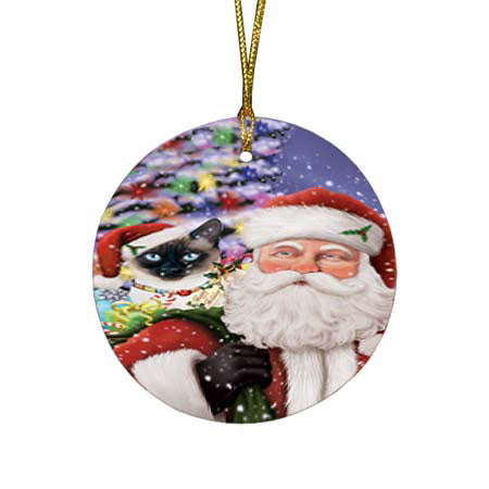 Santa Carrying Thai Siamese Cat and Christmas Presents Round Flat Christmas Ornament RFPOR55896
