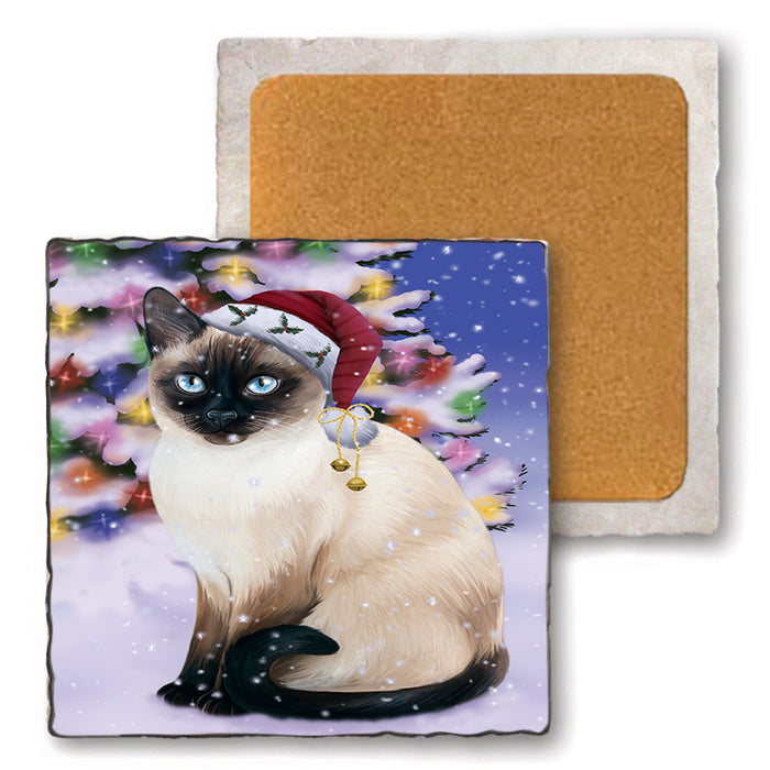 Winterland Wonderland Thai Siamese Cat In Christmas Holiday Scenic Background Set of 4 Natural Stone Marble Tile Coasters MCST50737