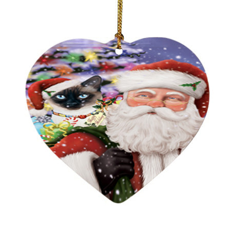 Santa Carrying Thai Siamese Cat and Christmas Presents Heart Christmas Ornament HPOR55896