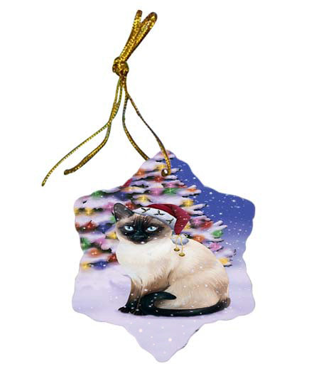 Winterland Wonderland Thai Siamese Cat In Christmas Holiday Scenic Background Star Porcelain Ornament SPOR56093