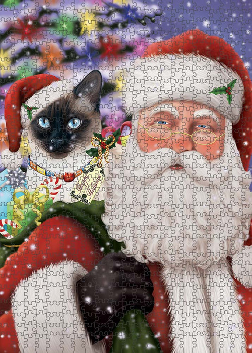Santa Carrying Thai Siamese Cat and Christmas Presents Puzzle with Photo Tin PUZL90364