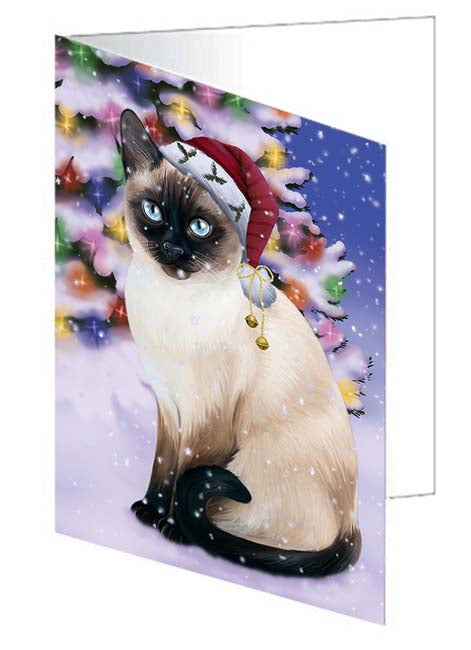 Winterland Wonderland Thai Siamese Cat In Christmas Holiday Scenic Background Handmade Artwork Assorted Pets Greeting Cards and Note Cards with Envelopes for All Occasions and Holiday Seasons GCD71726