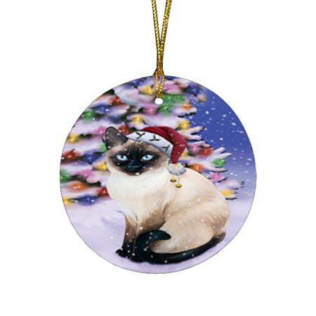Winterland Wonderland Thai Siamese Cat In Christmas Holiday Scenic Background Round Flat Christmas Ornament RFPOR56093