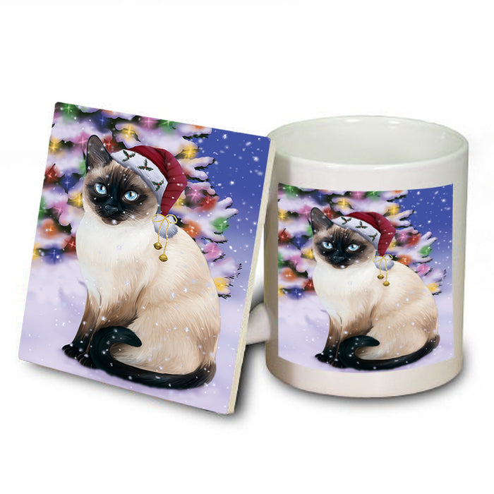 Winterland Wonderland Thai Siamese Cat In Christmas Holiday Scenic Background Mug and Coaster Set MUC55729
