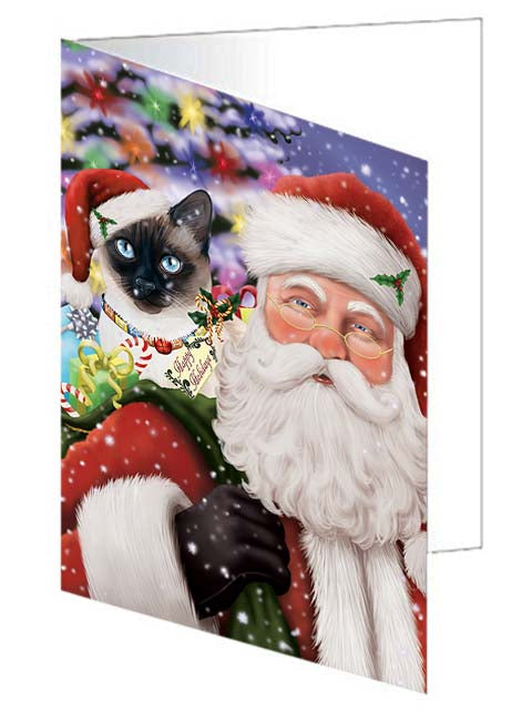 Santa Carrying Thai Siamese Cat and Christmas Presents Handmade Artwork Assorted Pets Greeting Cards and Note Cards with Envelopes for All Occasions and Holiday Seasons GCD71135