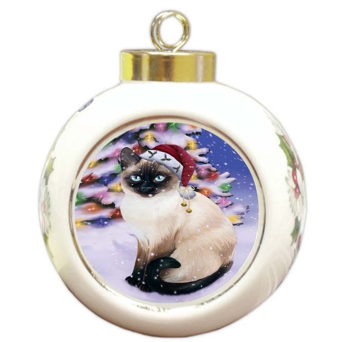 Winterland Wonderland Thai Siamese Cat In Christmas Holiday Scenic Background Round Ball Christmas Ornament RBPOR56093