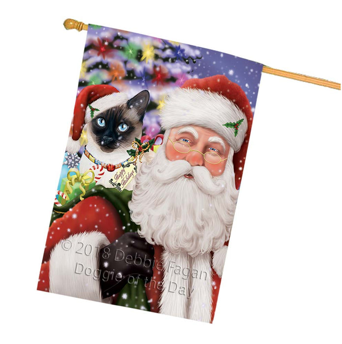 Santa Carrying Thai Siamese Cat and Christmas Presents House Flag FLG55969