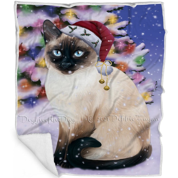 Winterland Wonderland Thai Siamese Cat In Christmas Holiday Scenic Background Blanket BLNKT121053