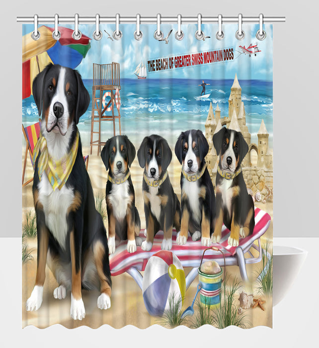 Pet Friendly Beach Greater Swiss Mountain Dogs Shower Curtain