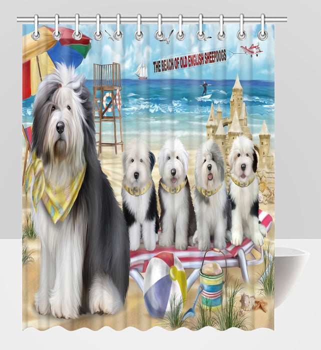 Pet Friendly Beach Old English Sheepdogs Shower Curtain