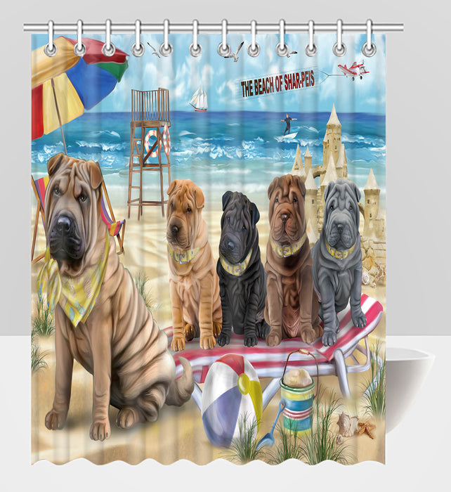 Pet Friendly Beach Shar Pei Dogs Shower Curtain