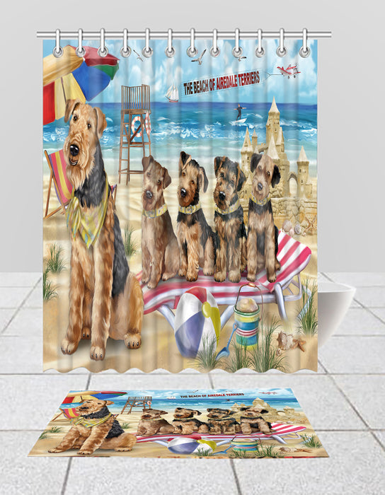 Pet Friendly Beach Airedale Terrier Dogs Bath Mat and Shower Curtain Combo