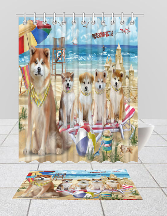 Pet Friendly Beach Akita Dogs Bath Mat and Shower Curtain Combo