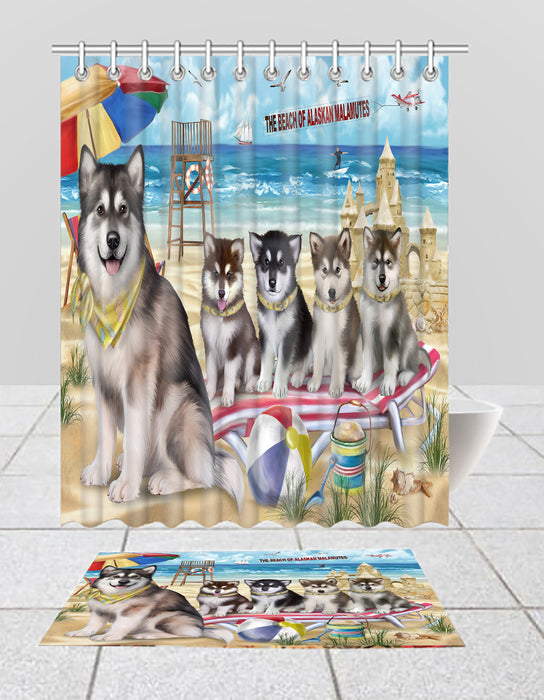 Pet Friendly Beach Alaskan Malamute Dogs Bath Mat and Shower Curtain Combo