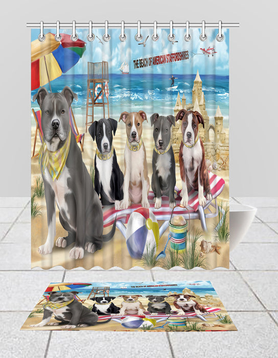 Pet Friendly Beach American Staffordshire Dogs Bath Mat and Shower Curtain Combo