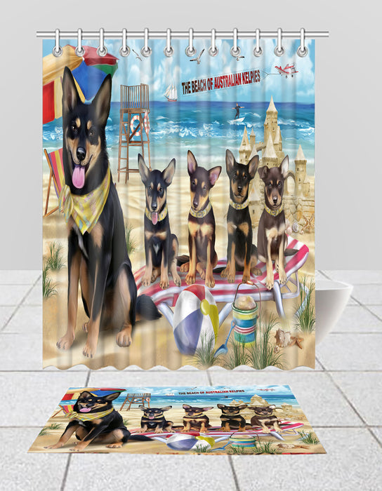 Pet Friendly Beach Australian Kelpie Dogs Bath Mat and Shower Curtain Combo