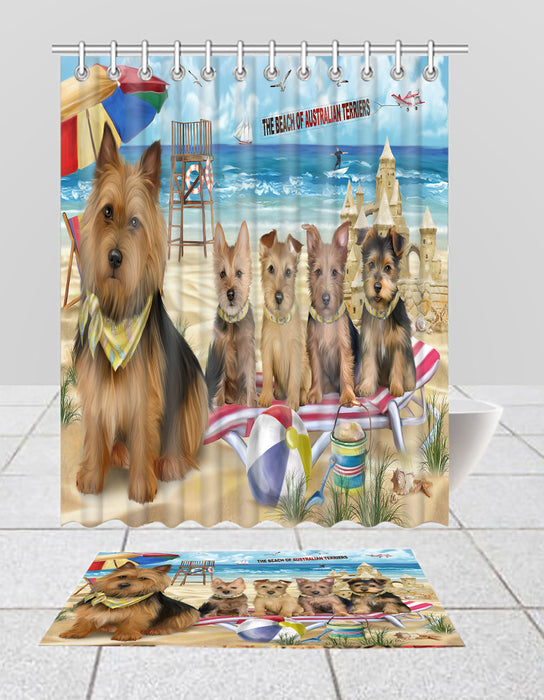 Pet Friendly Beach Australian Terrier Dogs Bath Mat and Shower Curtain Combo