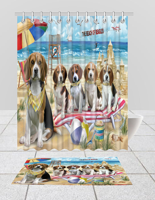 Pet Friendly Beach Beagle Dogs Bath Mat and Shower Curtain Combo