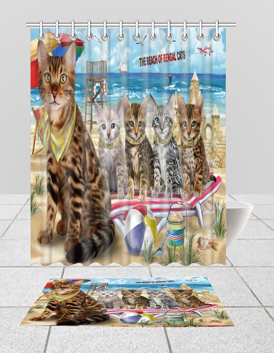 Pet Friendly Beach Bengal Cats Bath Mat and Shower Curtain Combo