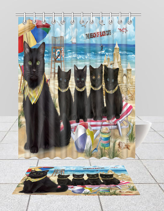 Pet Friendly Beach Black Cats Bath Mat and Shower Curtain Combo