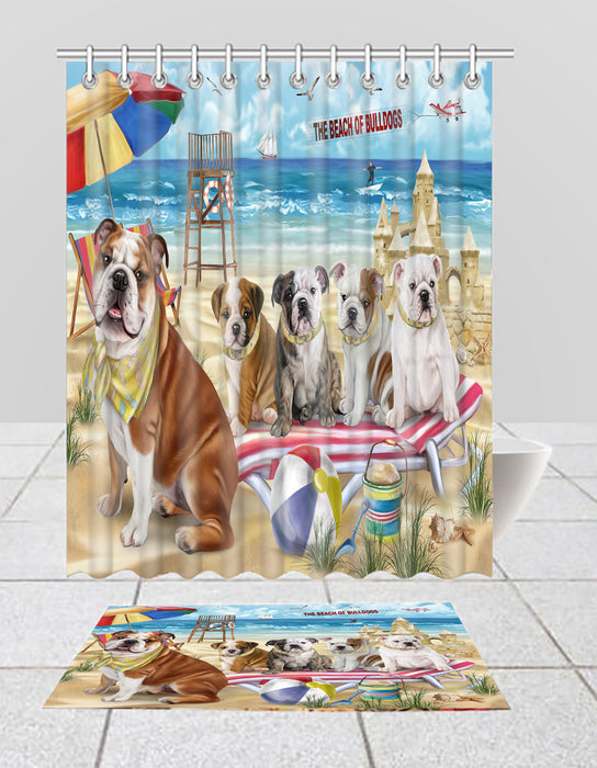 Pet Friendly Beach BullDogs Bath Mat and Shower Curtain Combo