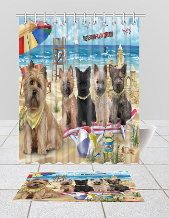 Pet Friendly Beach Cairn Terrier Dogs Bath Mat and Shower Curtain Combo