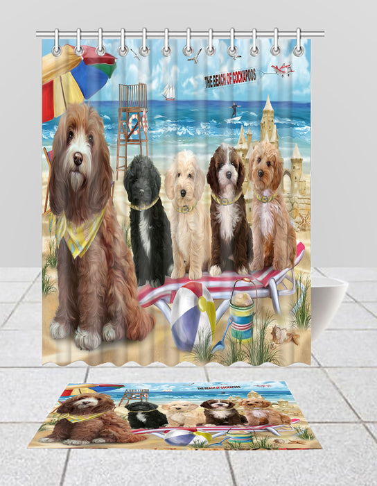 Pet Friendly Beach Cockapoo Dogs Bath Mat and Shower Curtain Combo