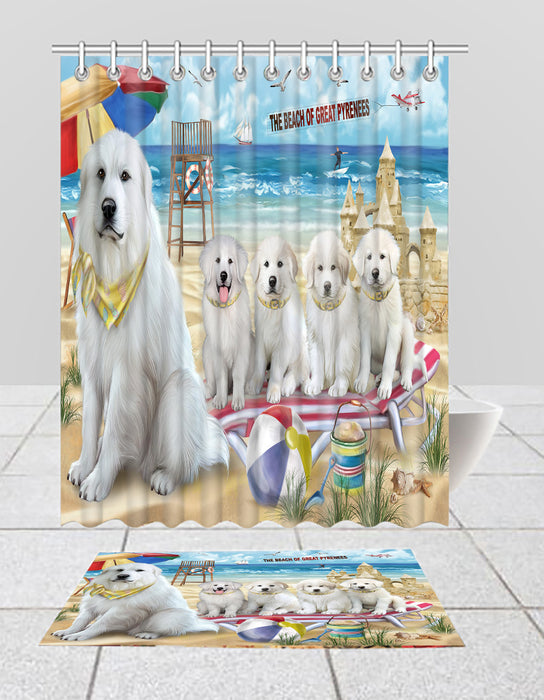 Pet Friendly Beach Great Pyrenee Dogs Bath Mat and Shower Curtain Combo