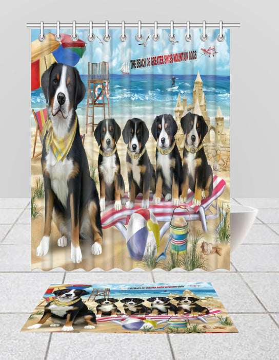 Pet Friendly Beach Greater Swiss Mountain Dogs Bath Mat and Shower Curtain Combo